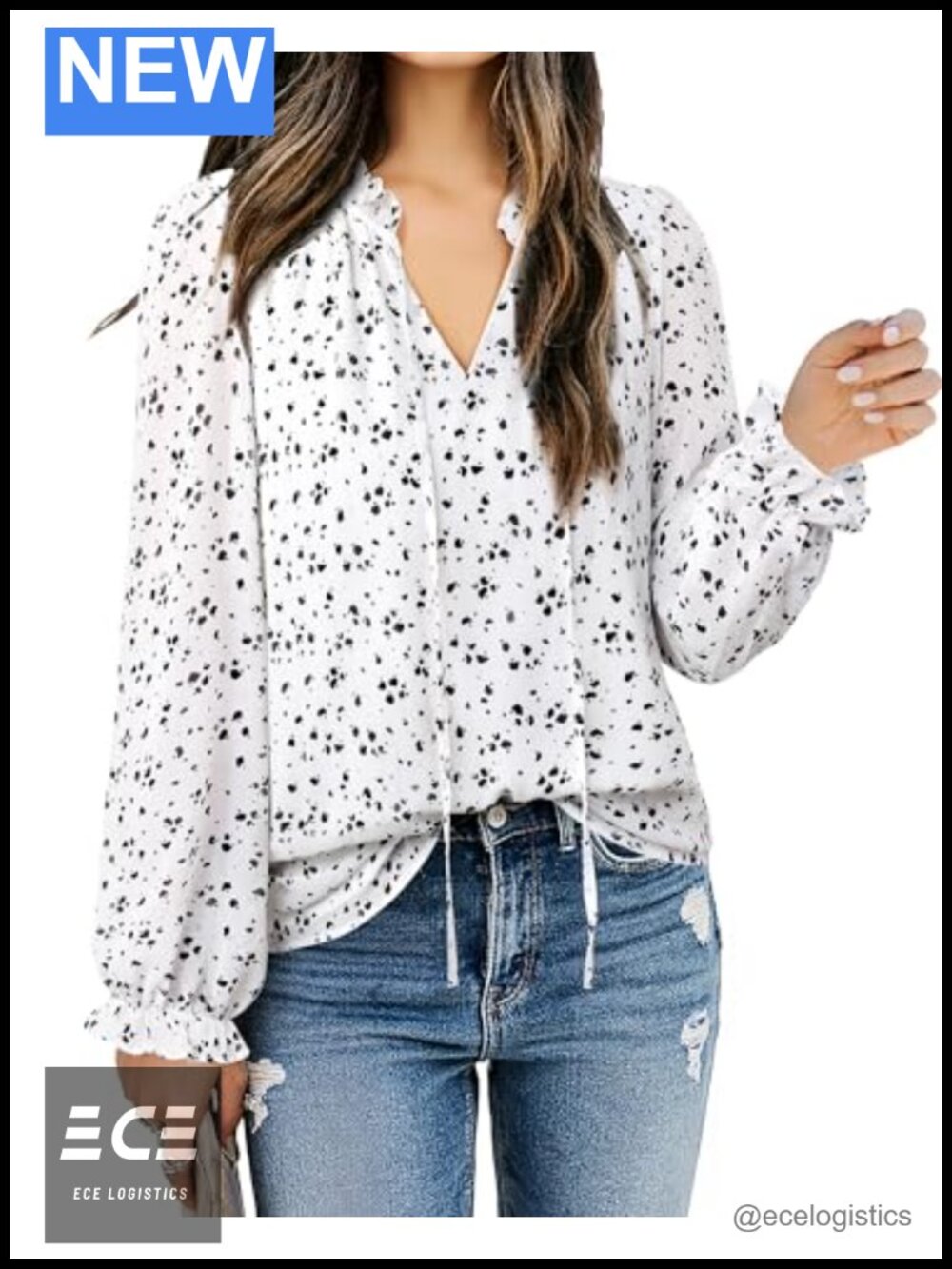 Chiffon V-Neck Ruffle Long Sleeve Tunic Blouse for Work Office